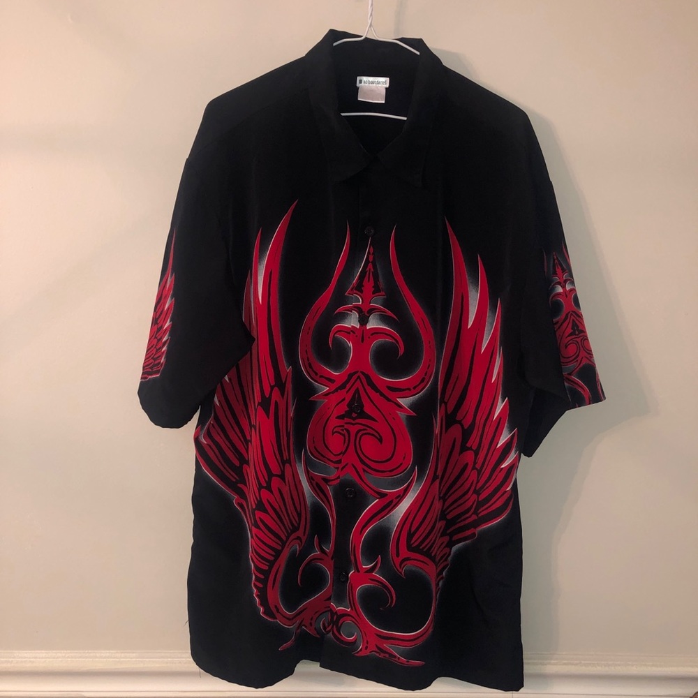 Black, White, and Red Patterned Button-up